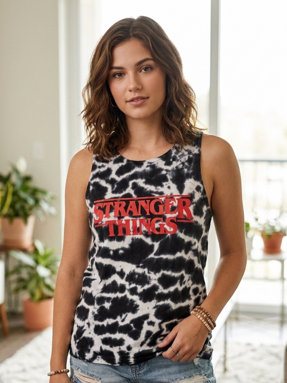 Stranger Things Black & White Tie-Dye Tank Top with Red Logo